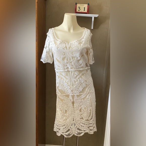 VINTAGE Guipure Lace Boho Style Sheer Dress Ivory - Picture 2 of 12